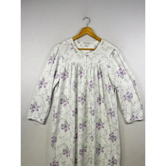 Miss Elaine Womens Nightgown Floral Print White Purple L Long‎ Sleeve - Picture 4 of 9